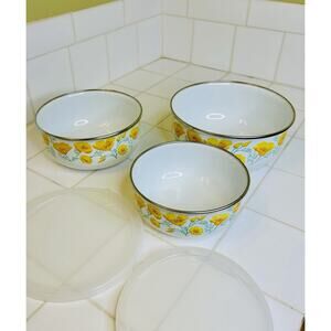 Kobe Kitchen Vintage Mid Century Yellow Poppies Enamelware 3 Bowl Set
